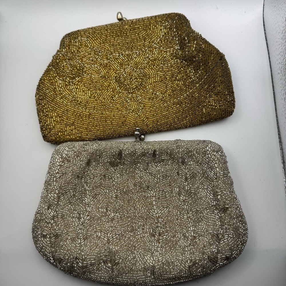 Two Vintage Seed Bead Gold And Silver Small Purse - Clutch Bags Handmade